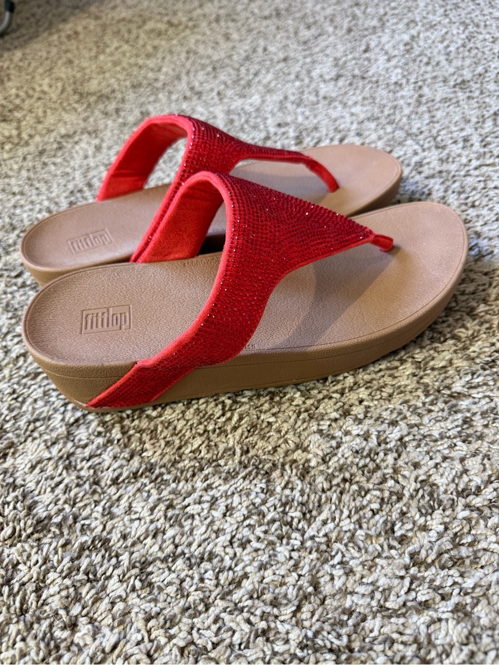 Fitflop Red Rhinestone Thong Sandals with Brown Footbed - Picture 3 of 7